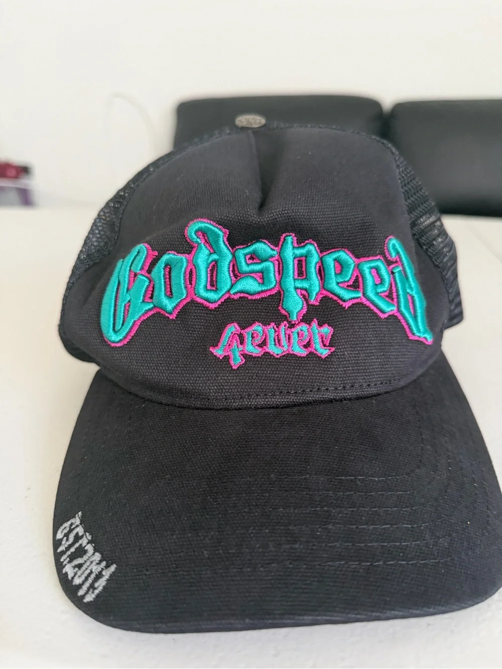 Godspeed 4ever Black Trucker Hat with Teal & Pink Embroidery